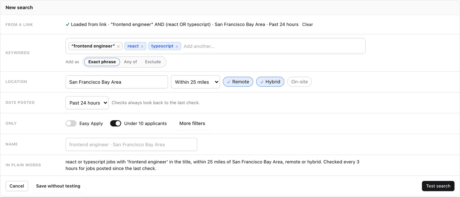 The JobWhat Add alert form after pasting a LinkedIn link. A preview lists keywords, location, workplace and experience filters from the URL.