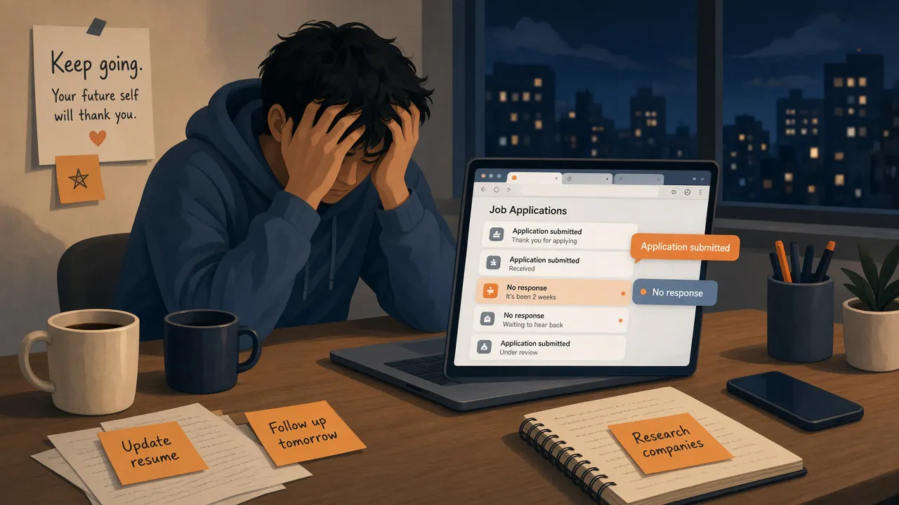 A tired job seeker slumped over a laptop late at night after another round of applications, head in hands, coffee mugs and sticky notes on the desk, with generic “Application submitted” and “No response” notices on the screen.