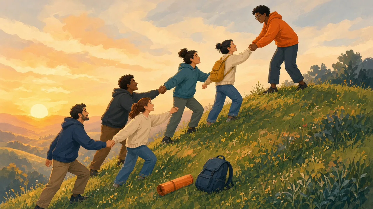A group of job seekers helping each other up a hill, forming a human chain toward a bright sunrise.