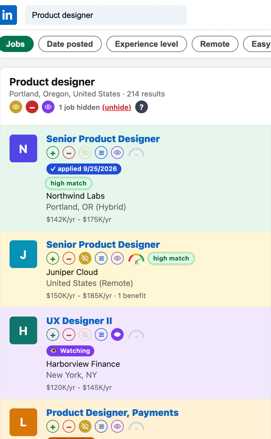 A column of LinkedIn job cards with JobWhat buttons. The first card is tinted green and marked applied, the second yellow for viewed, the third purple and marked Watching.