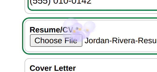 An application form's résumé field with a small lavender cloud and gold sparkles floating over it.