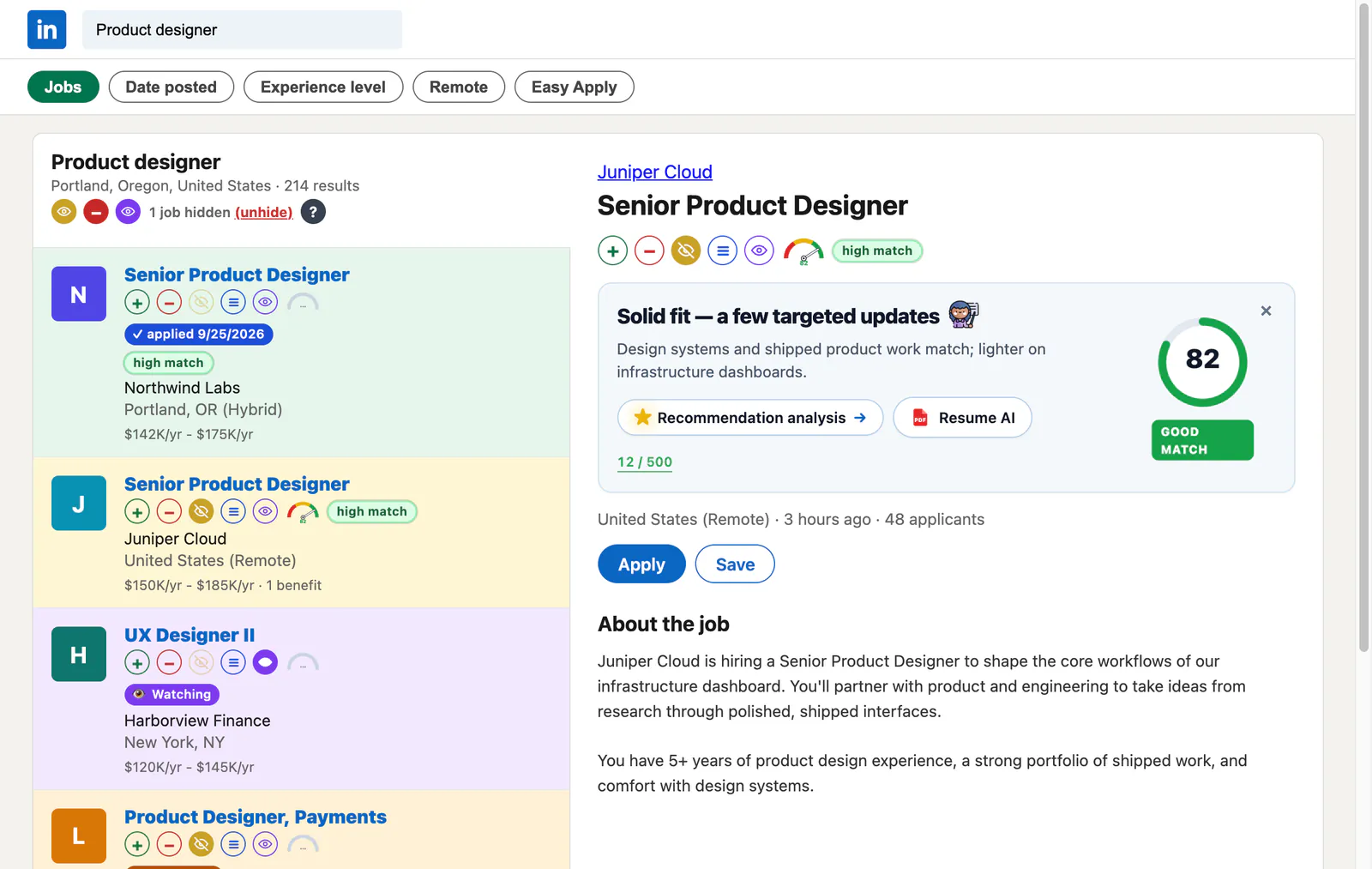 LinkedIn job search results for "Product designer" with JobWhat controls under each card. An applied job is tinted green, a viewed job yellow and a watched job purple, and the open job shows a résumé match score of 82.