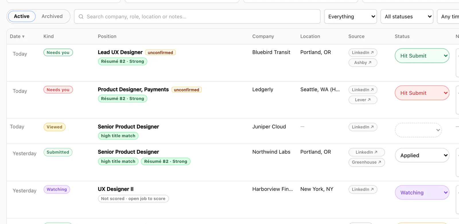 The JobWhat job log listing today's and yesterday's jobs with kind badges (Needs you, Viewed, Submitted, Watching), source chips for LinkedIn and the ATS, and a status for each row.