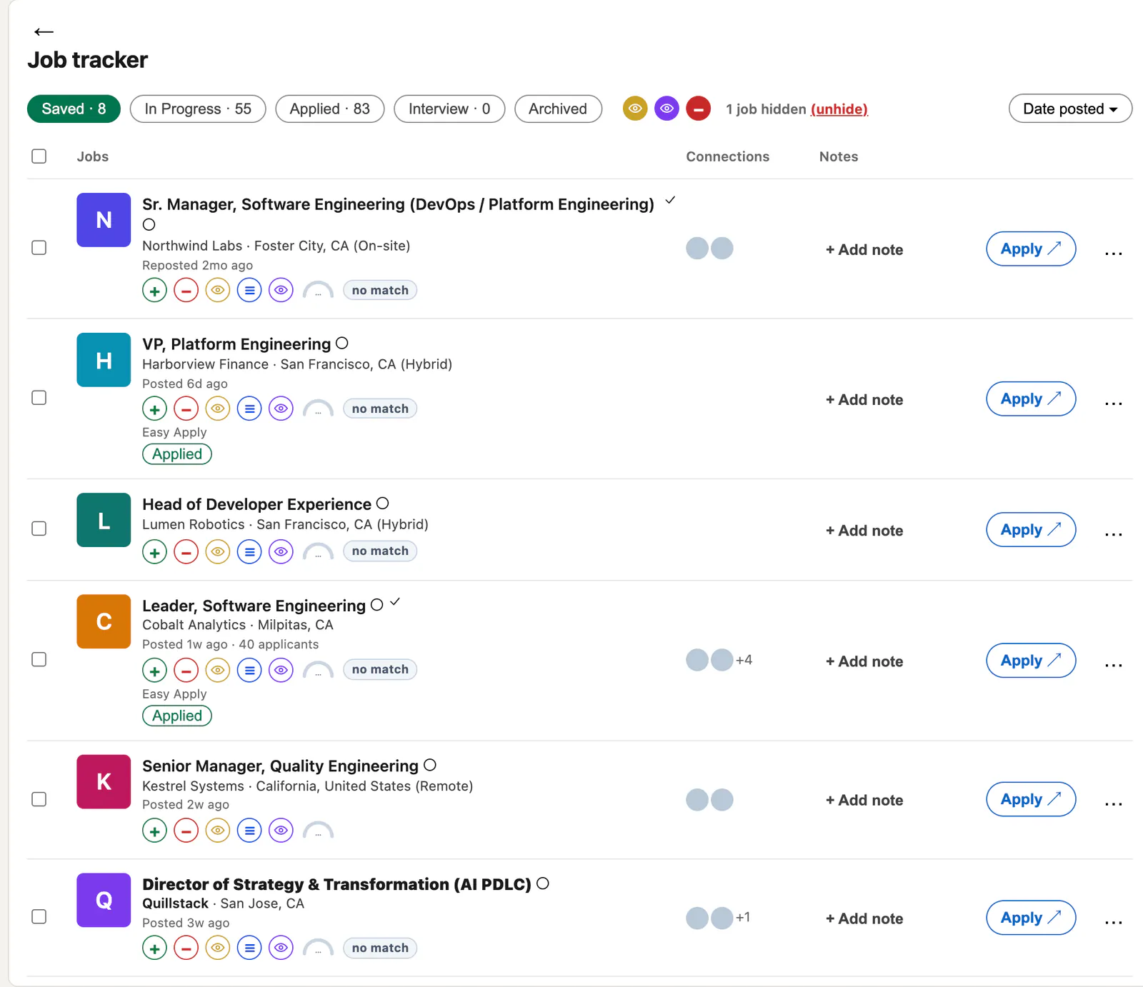 LinkedIn's Job tracker page listing saved jobs from fictional companies, each row with JobWhat's log, hide, view, queue and watch buttons and an Applied badge on two rows.