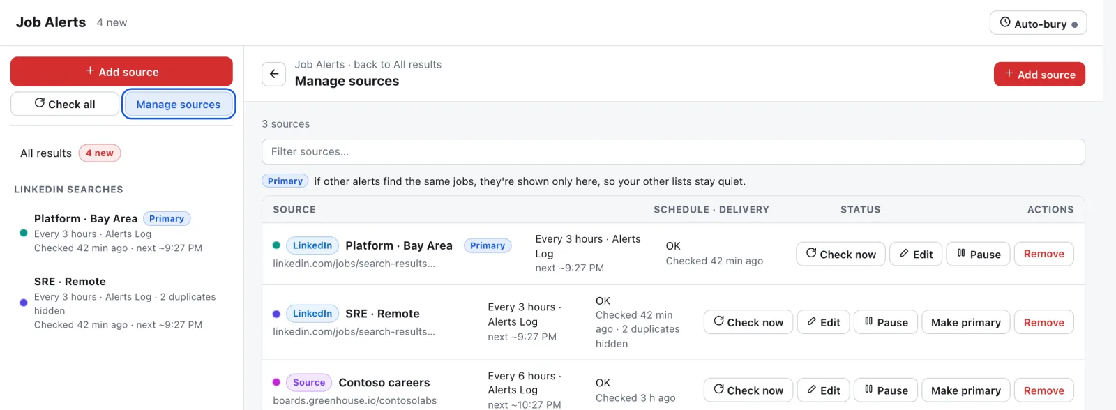 JobWhat's Manage sources page. A help line reads "Primary: if other alerts find the same jobs, they're shown only here, so your other lists stay quiet." The first LinkedIn search has a Primary badge; the other rows have Check now, Edit, Pause, Make primary and Remove buttons, and one says "2 duplicates hidden".