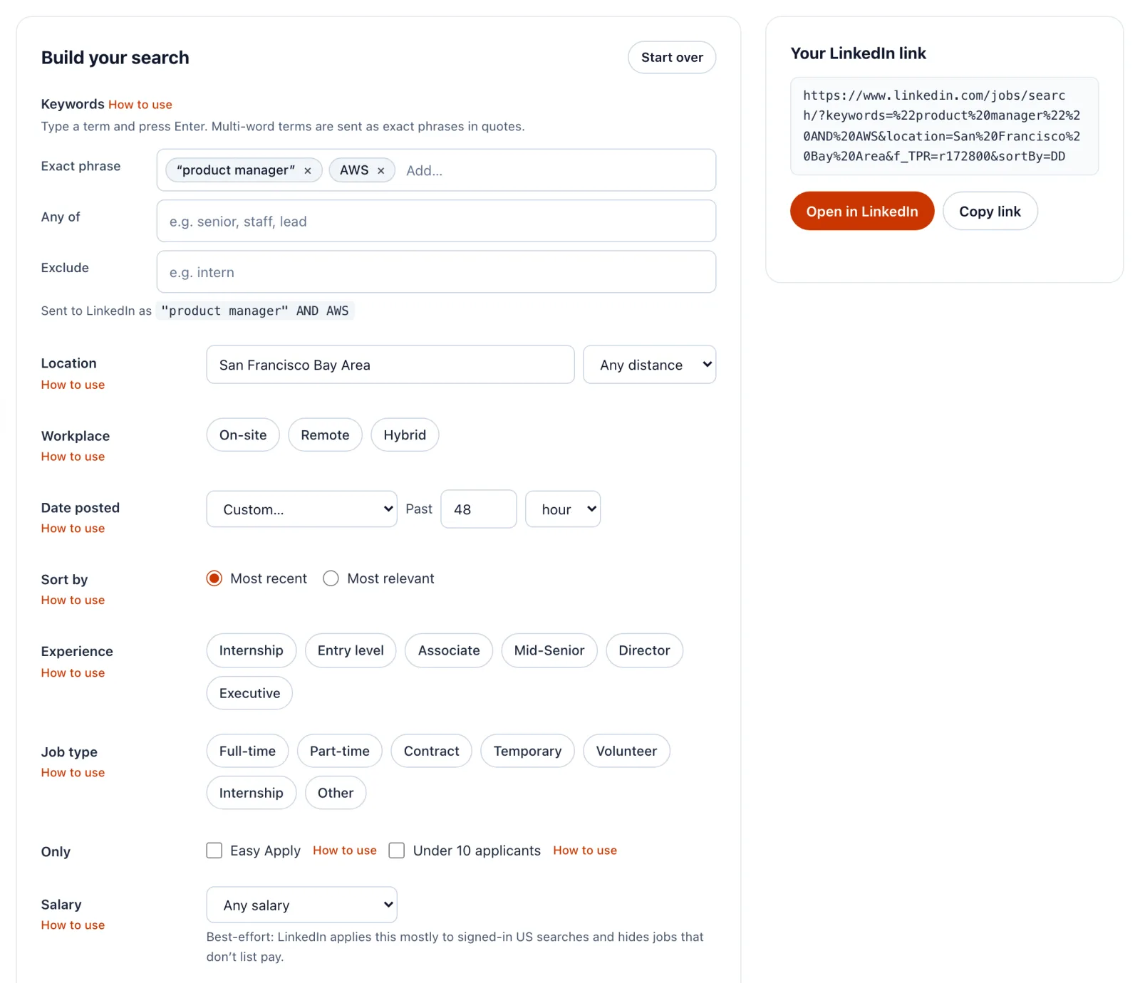 The "Build your search" form on jobwhat.app/linkedin. Exact phrase holds "product manager" and AWS, Location is San Francisco Bay Area, Date posted is a custom 48 hours and Sort is Most recent. The "Your LinkedIn link" box shows the finished URL with Open in LinkedIn and Copy link buttons.