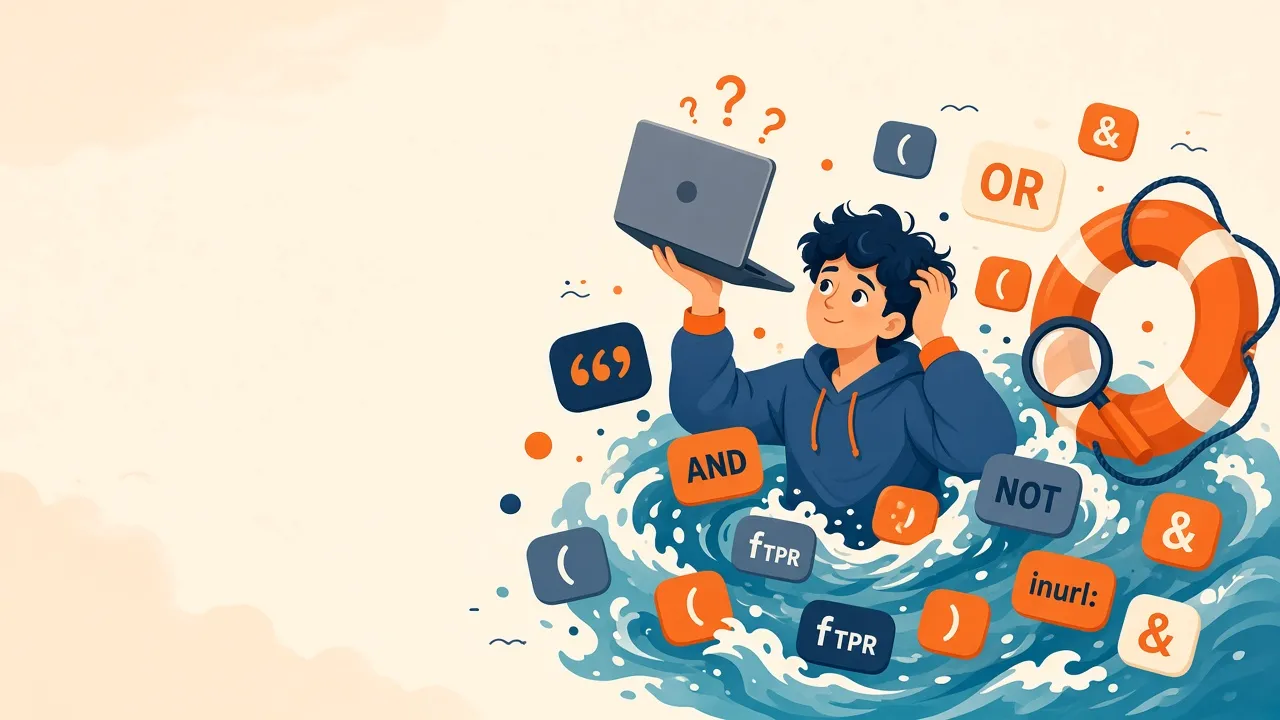A cartoon job seeker sinking waist-deep in a sea of floating search tokens (AND, OR, NOT, quotes, parentheses and URL fragments), holding a laptop above the water while an orange life ring with a magnifying glass floats nearby.