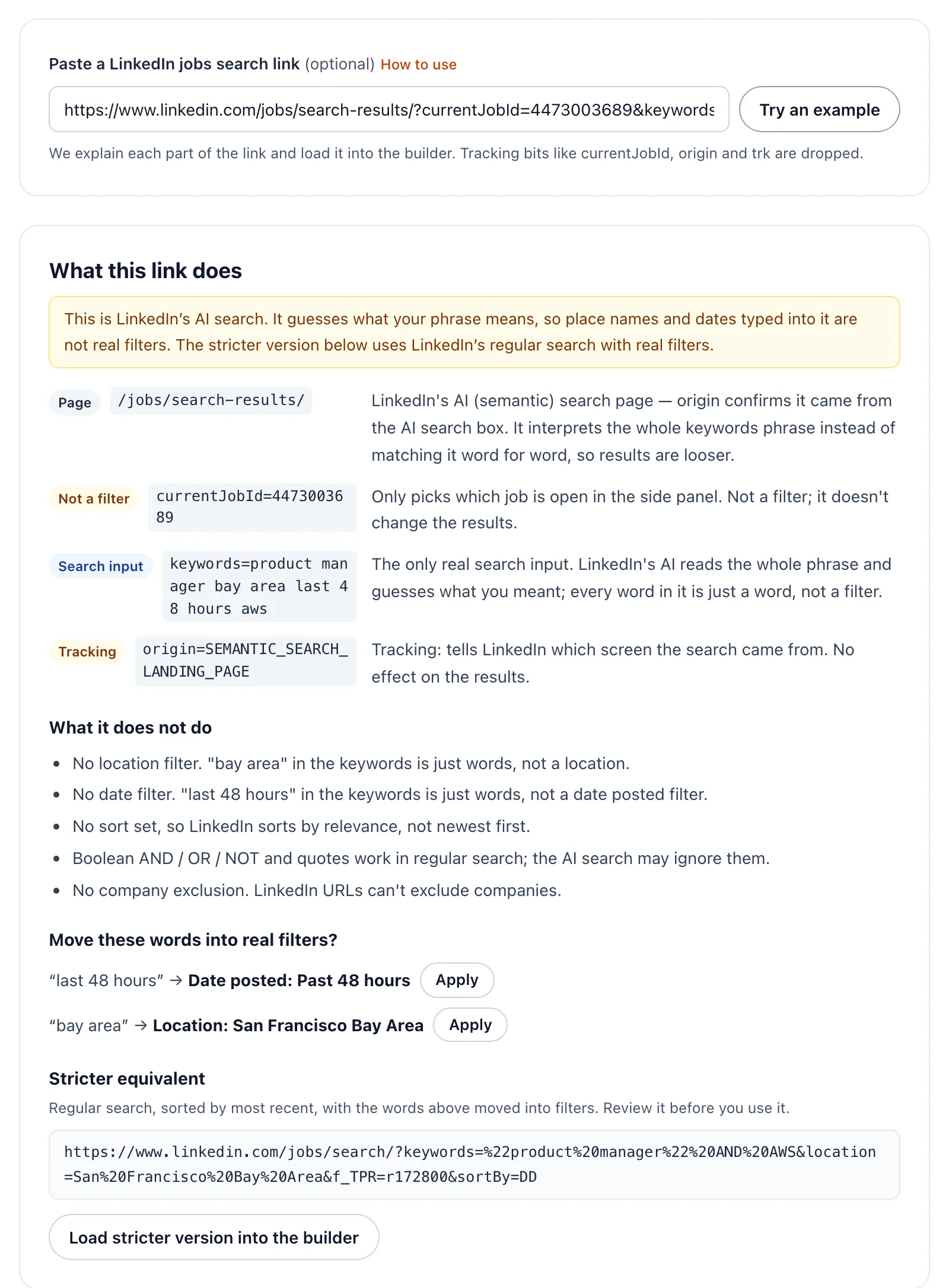 The "What this link does" panel on jobwhat.app/linkedin for an AI search link. It labels /jobs/search-results/ as LinkedIn's AI search, currentJobId as not a filter, keywords as the only search input and origin as tracking. Below are a "What it does not do" list, two Apply suggestions for "last 48 hours" and "bay area", and a stricter equivalent link.